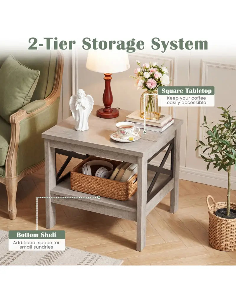 2-Tier Square Side Table with Storage Shelf and X-Frame for Bedroom Living Room-Oak - Oak - End & Side Tables