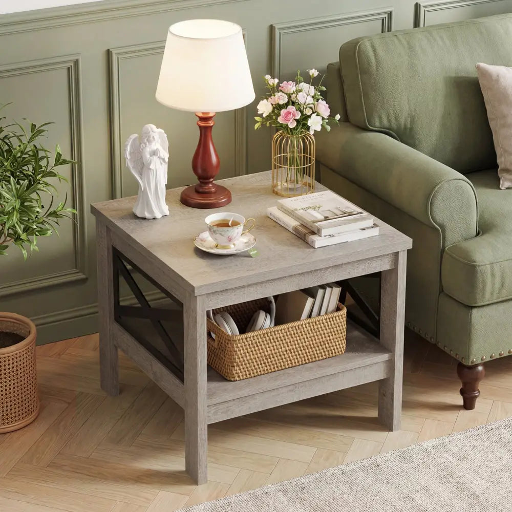2-Tier Square Side Table with Storage Shelf and X-Frame for Bedroom Living Room-Oak - Oak - End & Side Tables