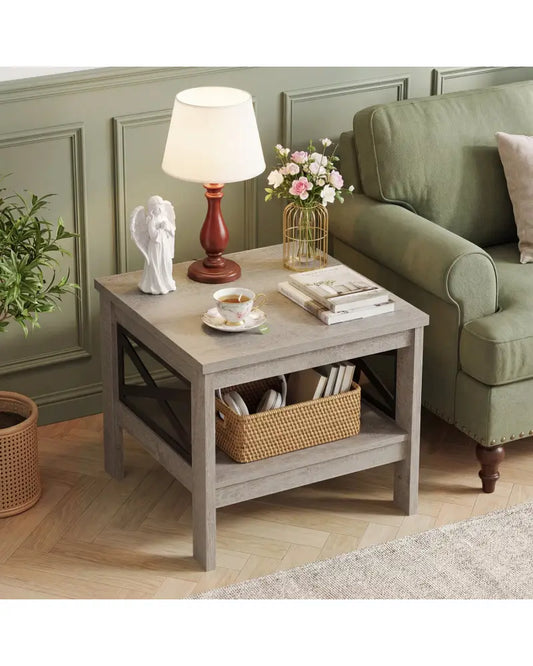 2-Tier Square Side Table with Storage Shelf and X-Frame for Bedroom Living Room-Oak - Oak - End & Side Tables