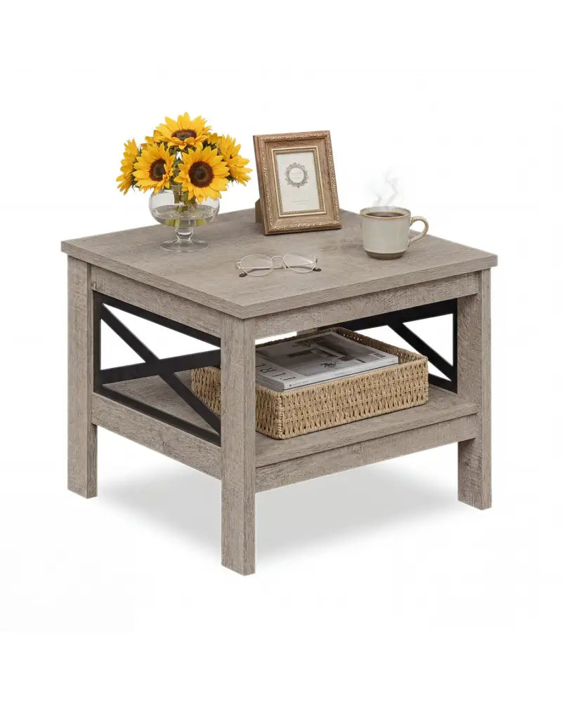 2-Tier Square Side Table with Storage Shelf and X-Frame for Bedroom Living Room-Oak - Oak - End & Side Tables