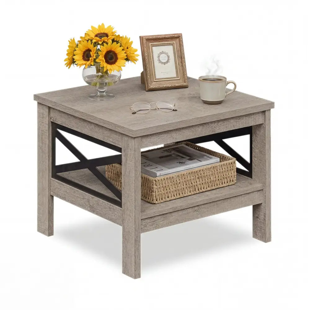 2-Tier Square Side Table with Storage Shelf and X-Frame for Bedroom Living Room-Oak - Oak - End & Side Tables