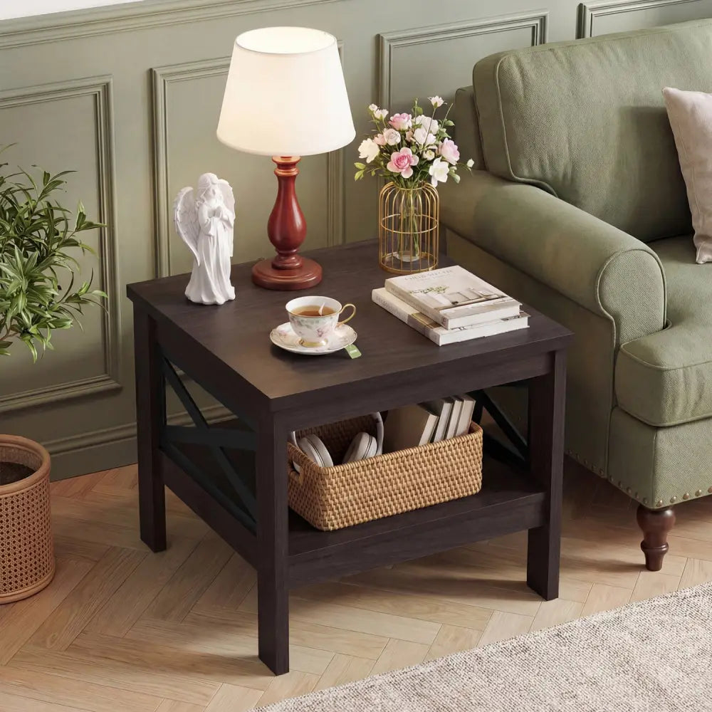 2-Tier Square Side Table with Storage Shelf and X-Frame for Bedroom Living Room-Brown - Brown - End & Side Tables