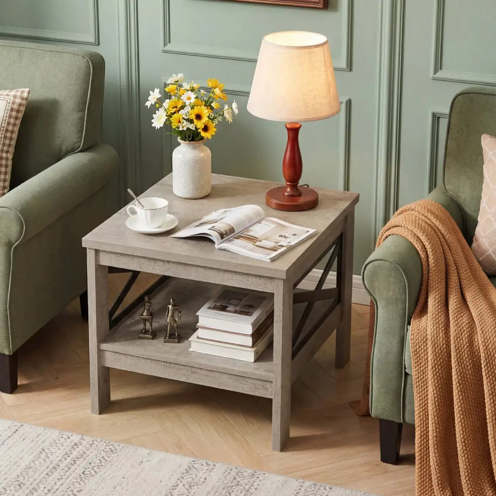 2-Tier Square Side Table with Storage Shelf and X-Frame for Bedroom Living Room-Oak - Oak - End & Side Tables