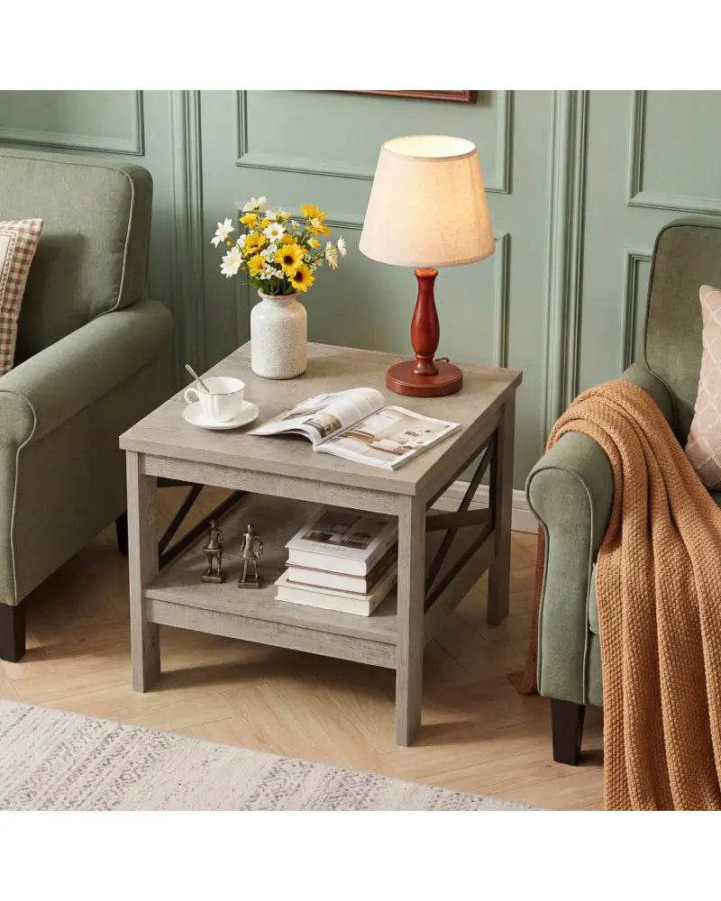 2-Tier Square Side Table with Storage Shelf and X-Frame for Bedroom Living Room-Oak - Oak - End & Side Tables