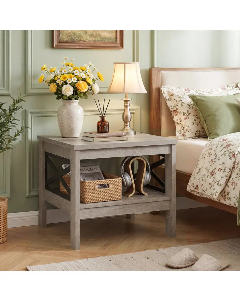 2-Tier Square Side Table with Storage Shelf and X-Frame for Bedroom Living Room-Oak - Oak - End & Side Tables