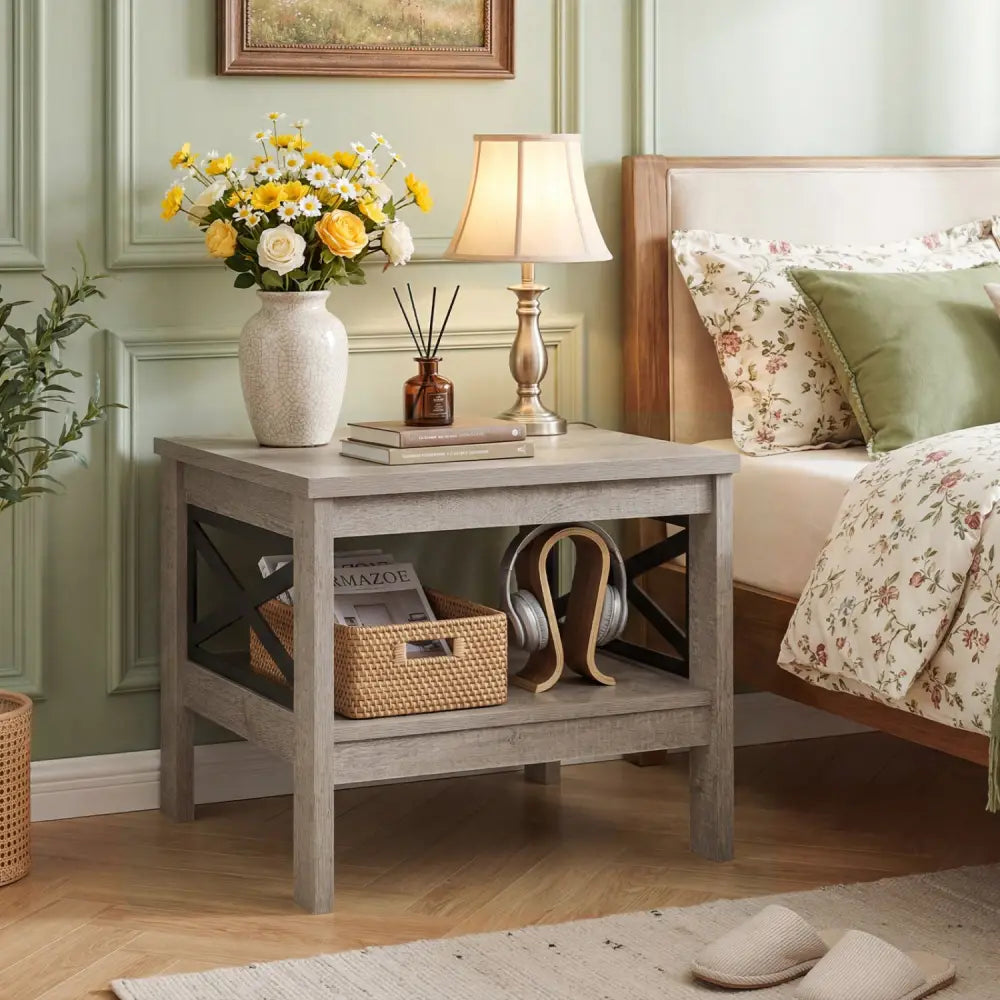 2-Tier Square Side Table with Storage Shelf and X-Frame for Bedroom Living Room-Oak - Oak - End & Side Tables