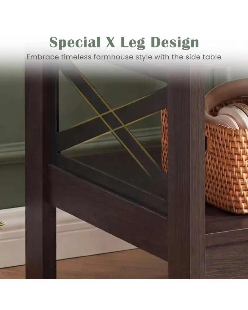 2-Tier Square Side Table with Storage Shelf and X-Frame for Bedroom Living Room-Brown - Brown - End & Side Tables