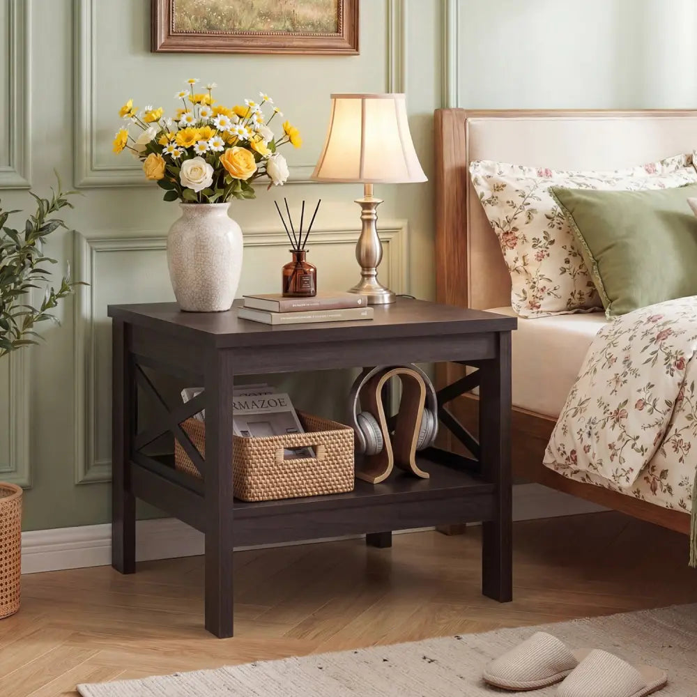 2-Tier Square Side Table with Storage Shelf and X-Frame for Bedroom Living Room-Brown - Brown - End & Side Tables