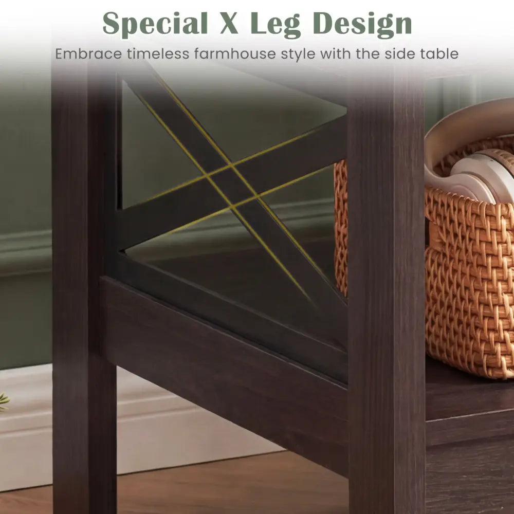 2-Tier Square Side Table with Storage Shelf and X-Frame for Bedroom Living Room-Brown - Brown - End & Side Tables