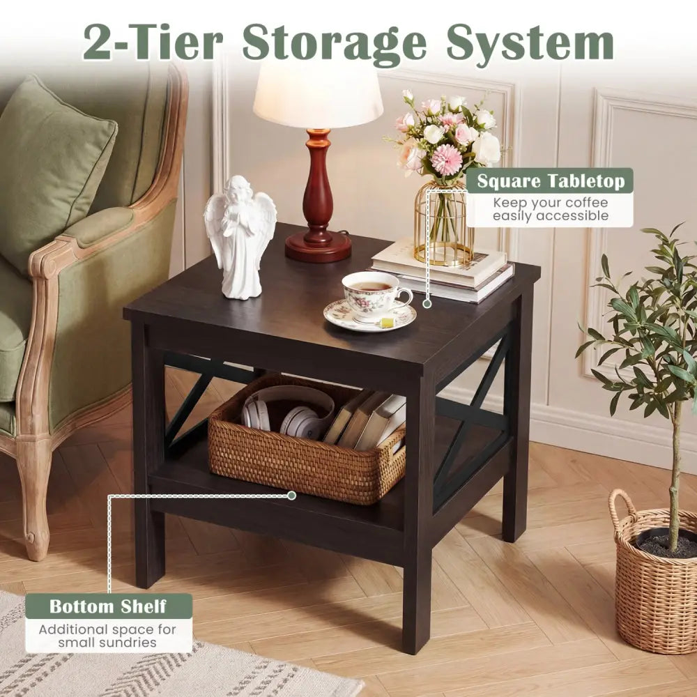 2-Tier Square Side Table with Storage Shelf and X-Frame for Bedroom Living Room-Brown - Brown - End & Side Tables