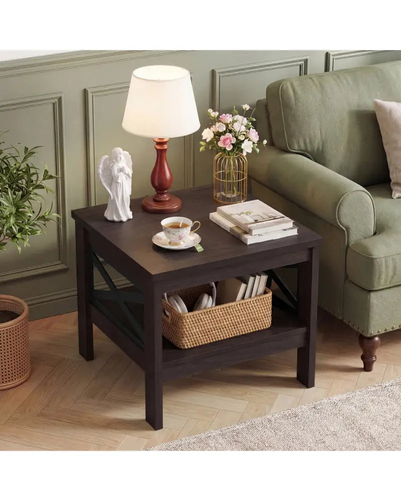 2-Tier Square Side Table with Storage Shelf and X-Frame for Bedroom Living Room-Brown - Brown - End & Side Tables