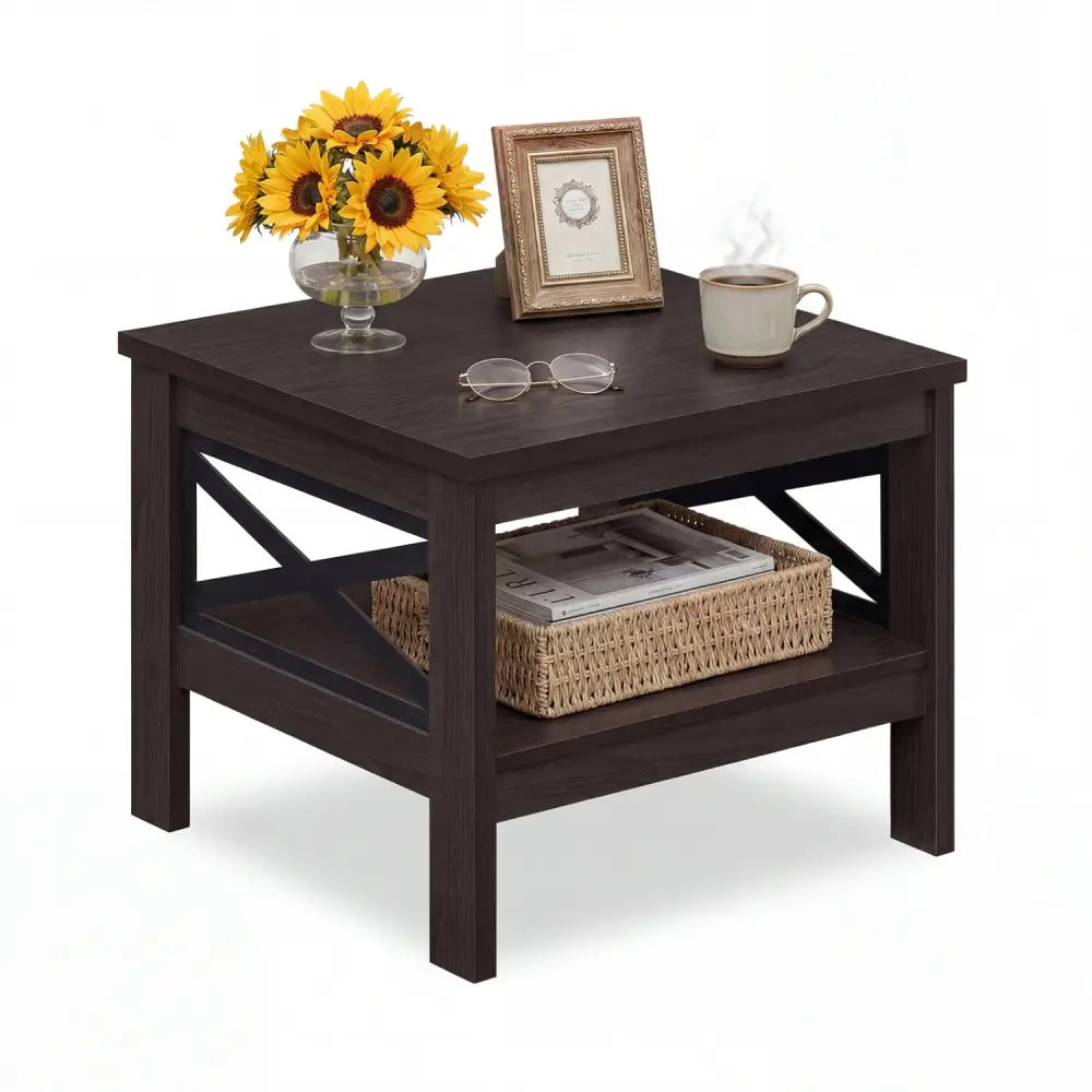 2-Tier Square Side Table with Storage Shelf and X-Frame for Bedroom Living Room-Brown - Brown - End & Side Tables