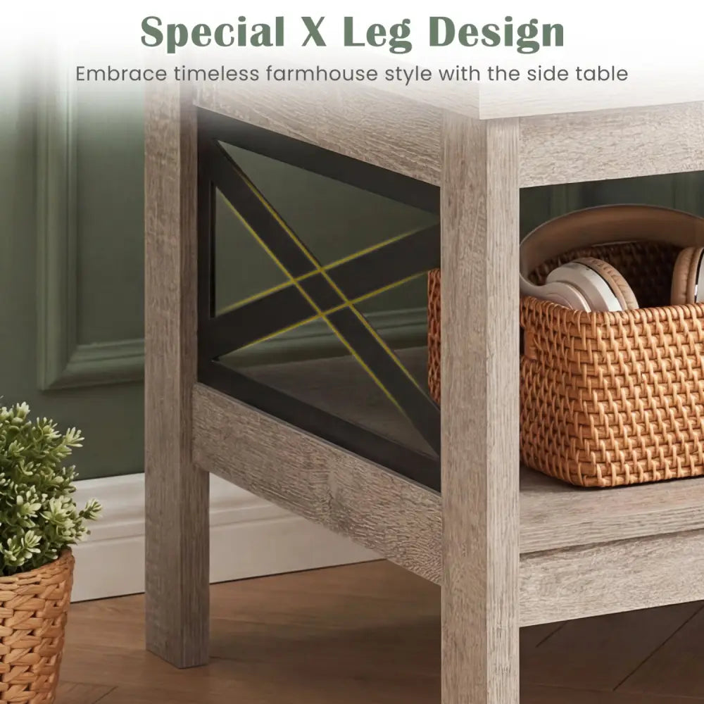 2-Tier Square Side Table with Storage Shelf and X-Frame for Bedroom Living Room-Oak - Oak - End & Side Tables