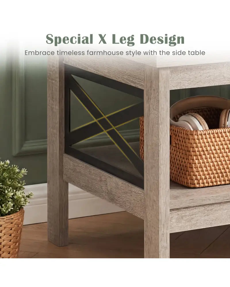 2-Tier Square Side Table with Storage Shelf and X-Frame for Bedroom Living Room-Oak - Oak - End & Side Tables