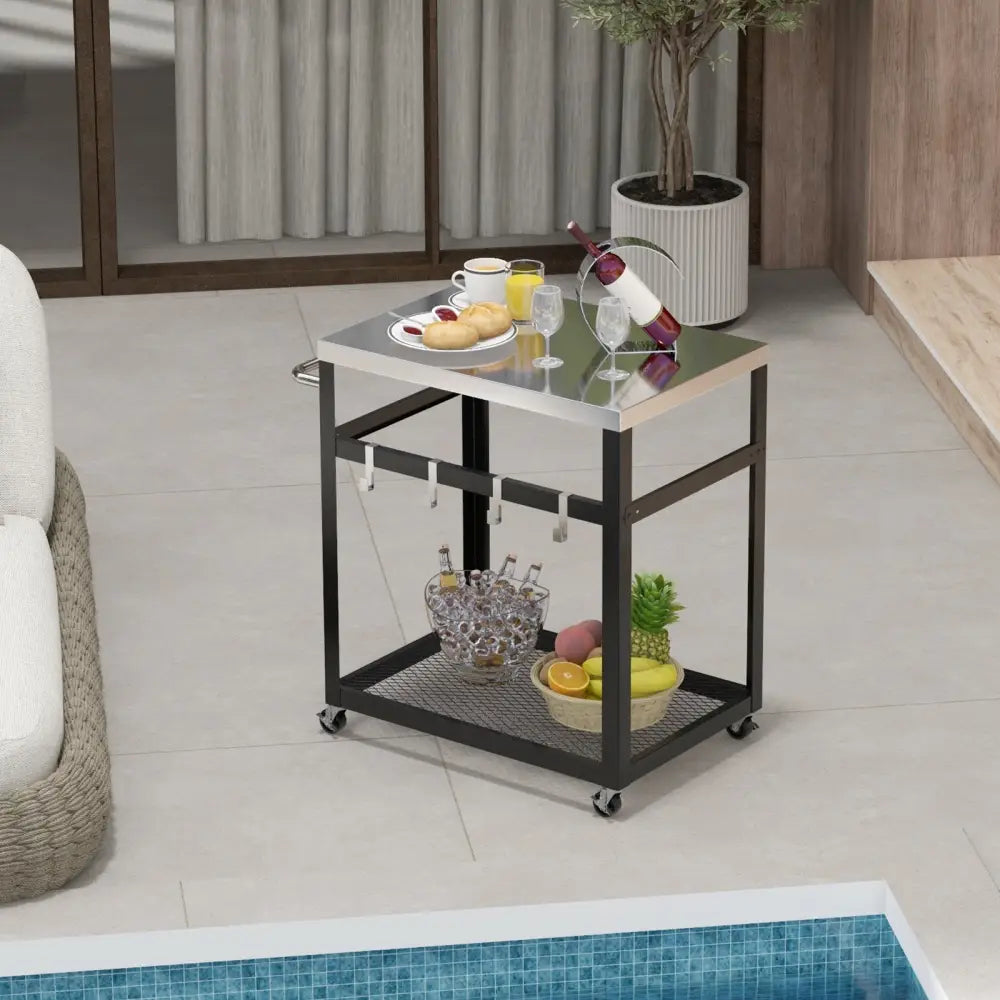 2-Tier Stainless Steel Grill Cart with 4 Hooks and Wheels BBQ Table-Black - Black - Outdoor