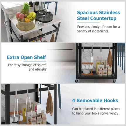 2-Tier Stainless Steel Grill Cart with 4 Hooks and Wheels BBQ Table-Black - Black - Outdoor