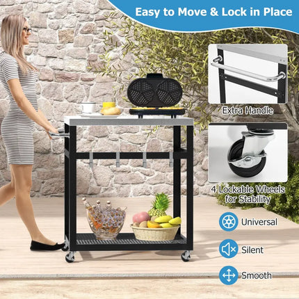 2-Tier Stainless Steel Grill Cart with 4 Hooks and Wheels BBQ Table-Black - Black - Outdoor