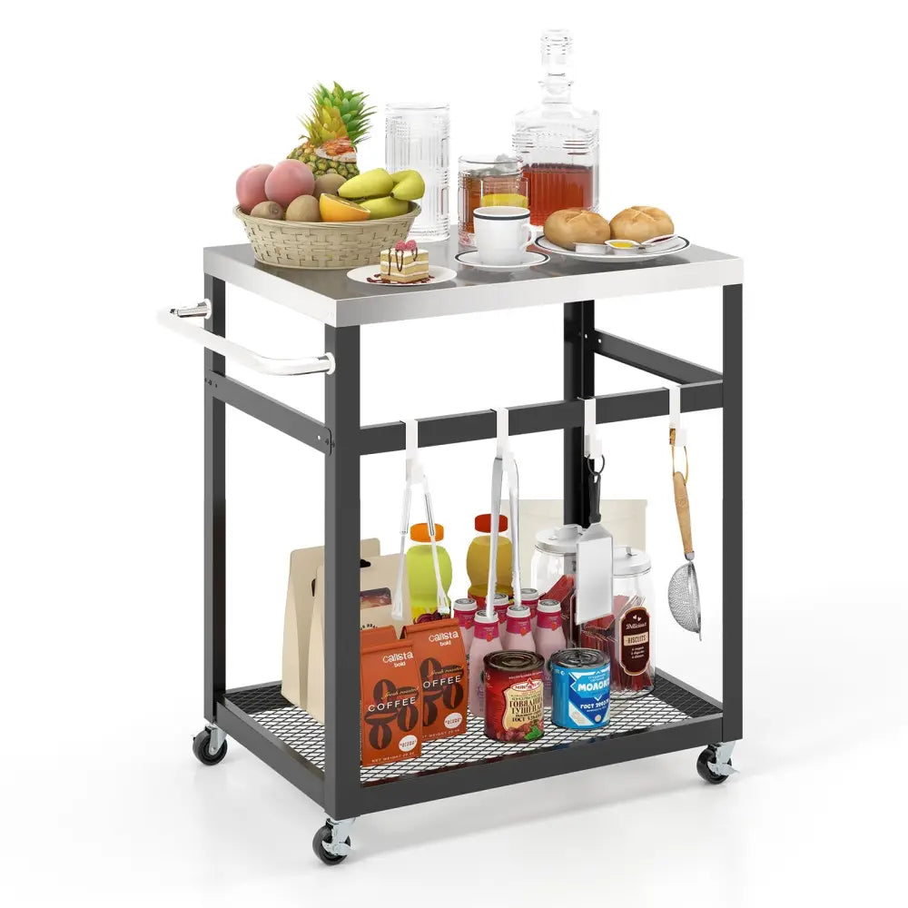 2-Tier Stainless Steel Grill Cart with 4 Hooks and Wheels BBQ Table-Black - Black - Outdoor