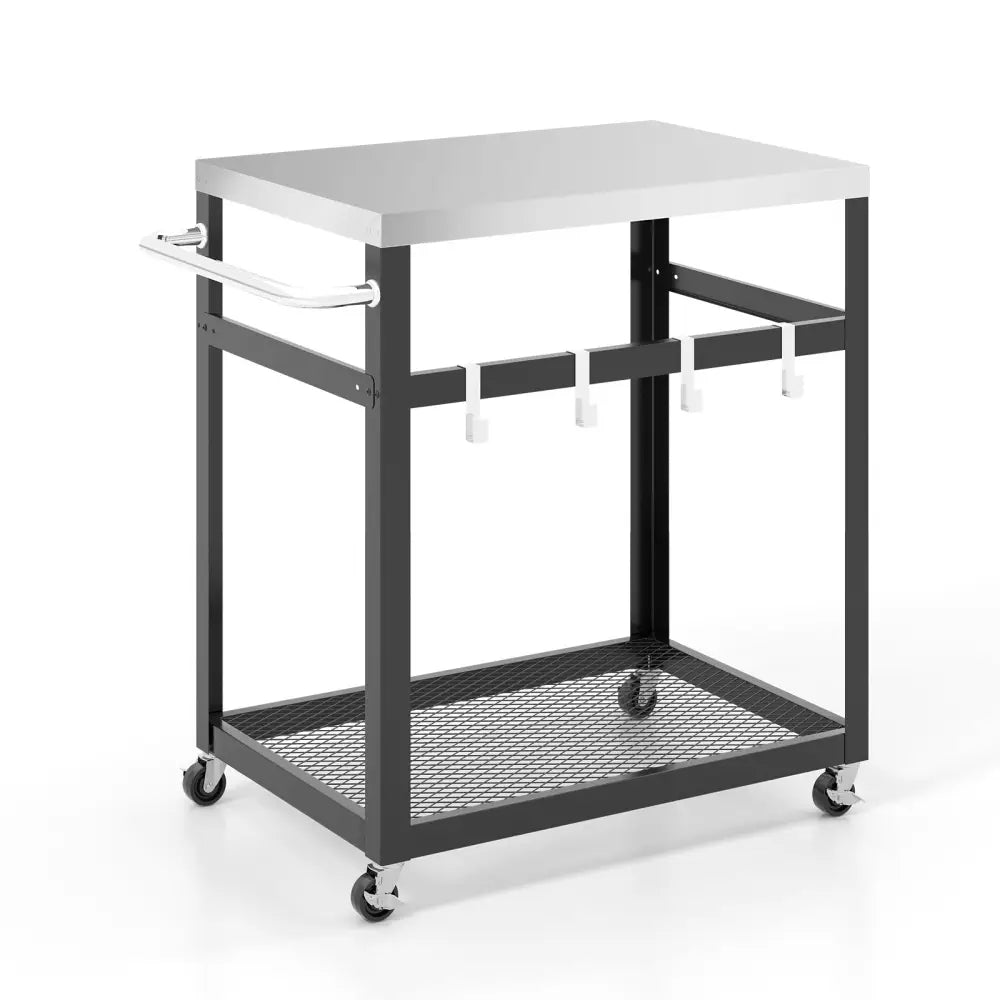 2-Tier Stainless Steel Grill Cart with 4 Hooks and Wheels BBQ Table-Black - Black - Outdoor