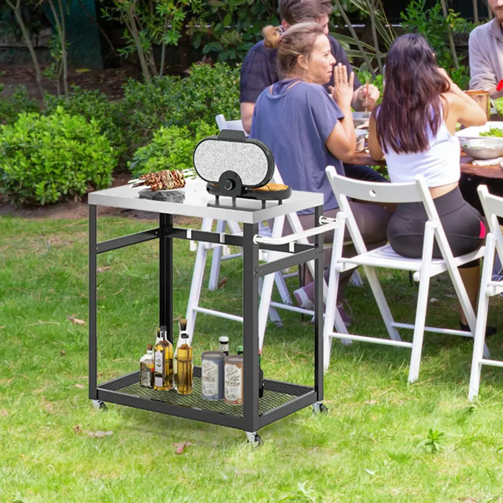 2-Tier Stainless Steel Grill Cart with 4 Hooks and Wheels BBQ Table-Black - Black - Outdoor