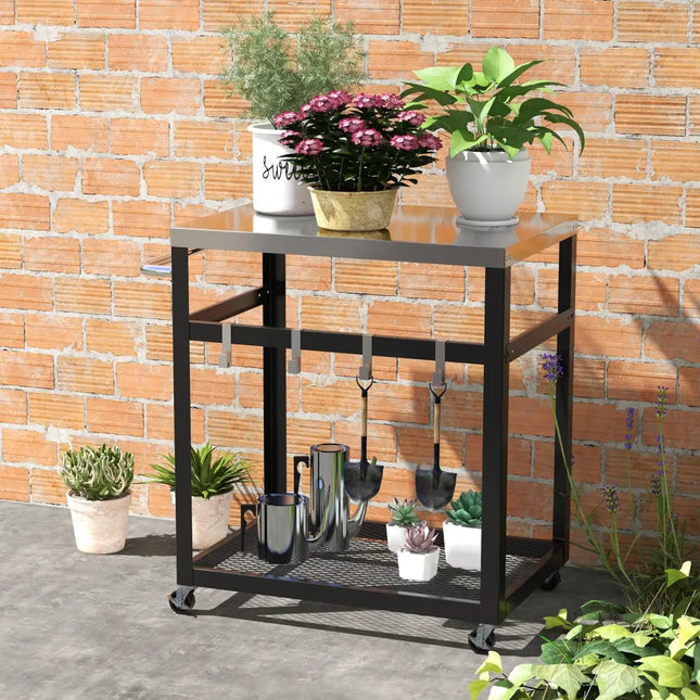 2-Tier Stainless Steel Grill Cart with 4 Hooks and Wheels BBQ Table-Black - Black - Outdoor