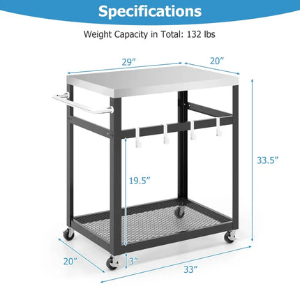 2-Tier Stainless Steel Grill Cart with 4 Hooks and Wheels BBQ Table-Black - Black - Outdoor