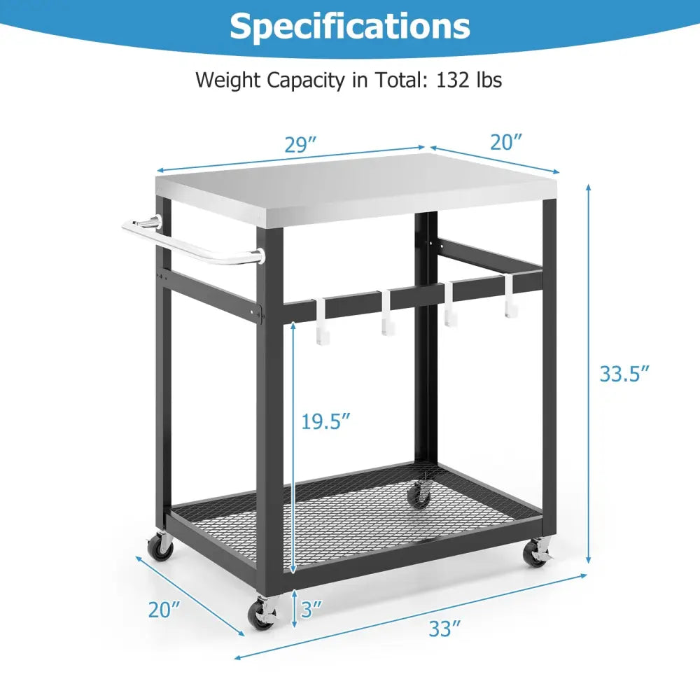 2-Tier Stainless Steel Grill Cart with 4 Hooks and Wheels BBQ Table-Black - Black - Outdoor