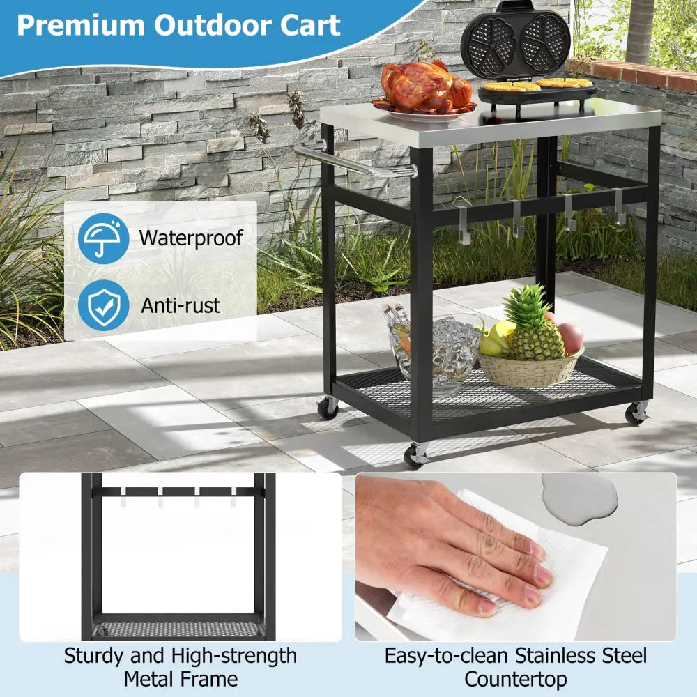 2-Tier Stainless Steel Grill Cart with 4 Hooks and Wheels BBQ Table-Black - Black - Outdoor