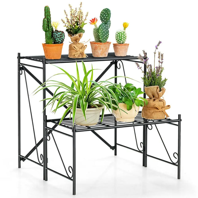 2-Tier Stair Style Metal Plant Stand for Indoor and Outdoor-Black - Black - Plant Stands