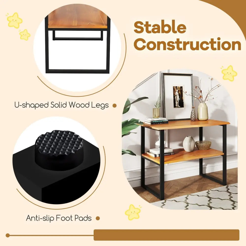 2-Tier Teak Wood End Table Sofa Side for Living Room Hallway Laundry Costway