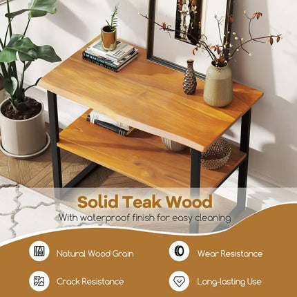 2-Tier Teak Wood End Table Sofa Side for Living Room Hallway Laundry Costway