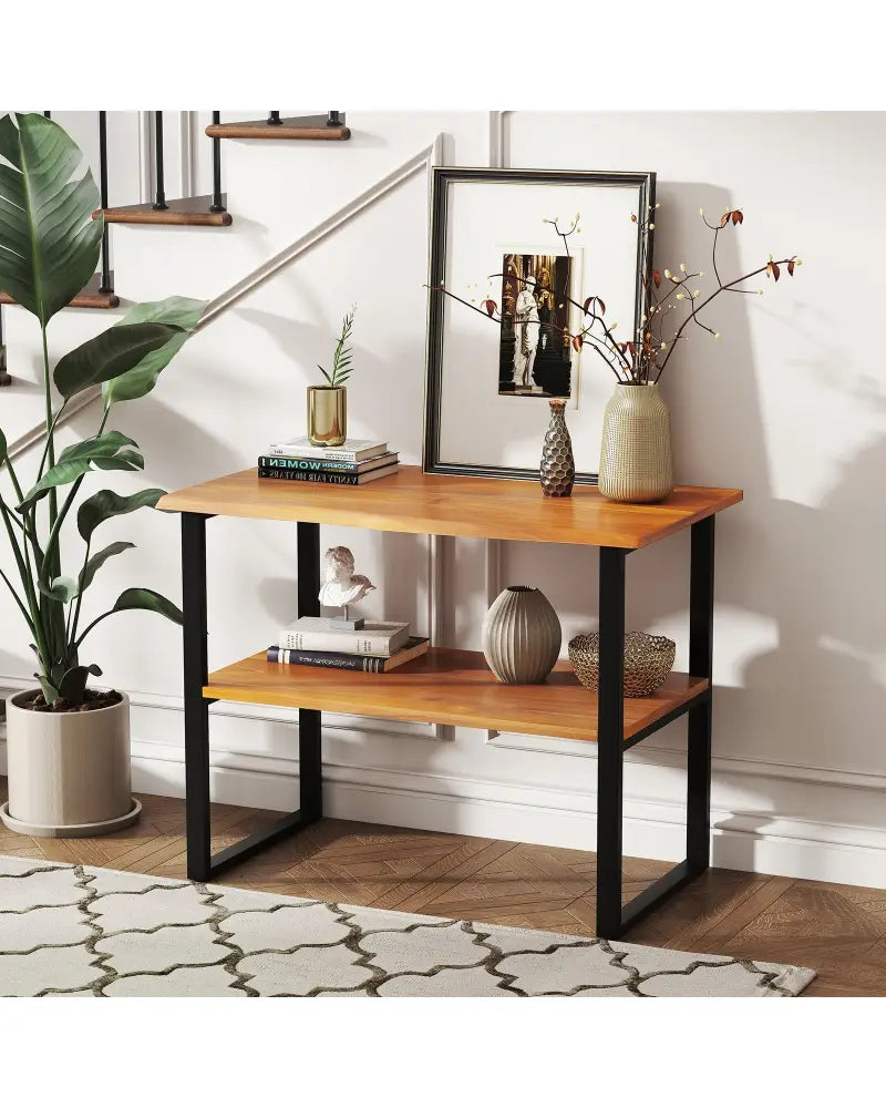 2-Tier Teak Wood End Table Sofa Side for Living Room Hallway Laundry - End & Side Tables