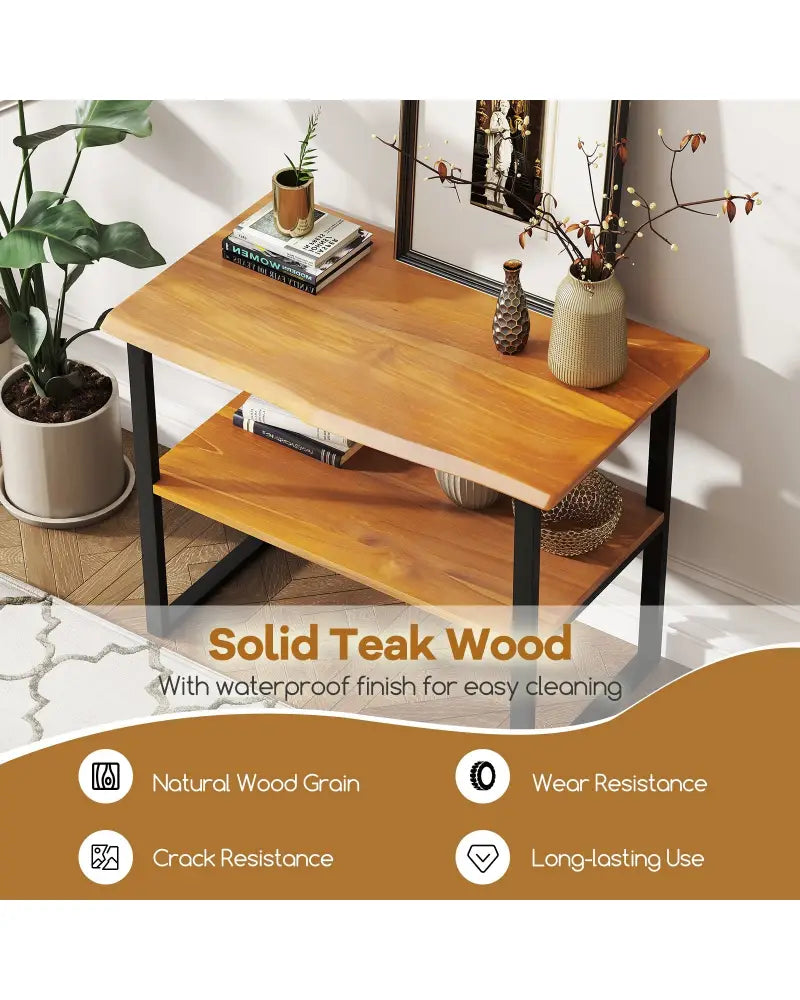 2-Tier Teak Wood End Table Sofa Side for Living Room Hallway Laundry - End & Side Tables