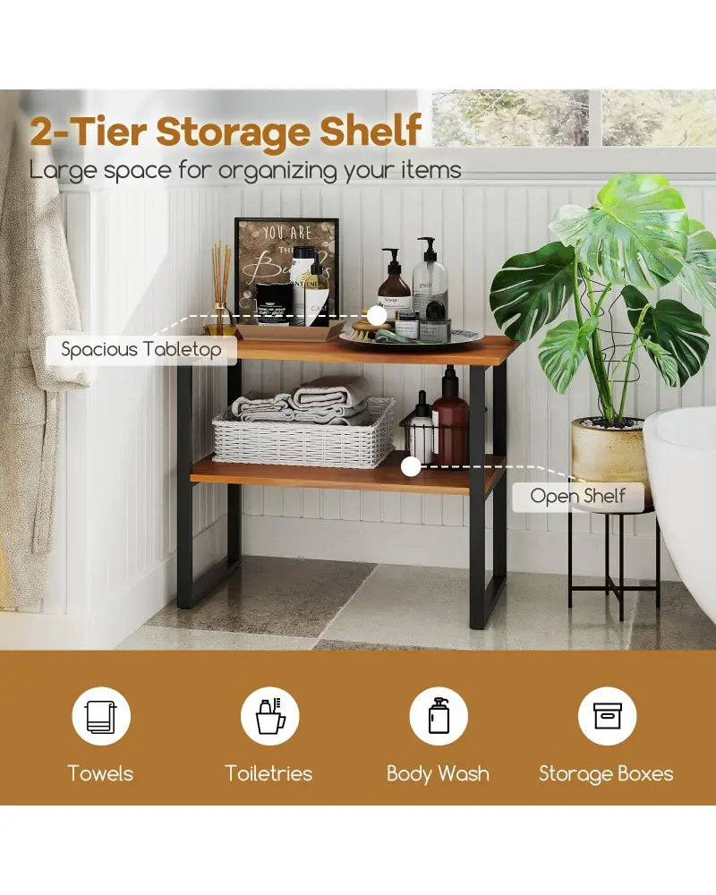 2-Tier Teak Wood End Table Sofa Side for Living Room Hallway Laundry - End & Side Tables