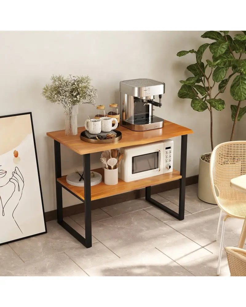 2-Tier Teak Wood End Table Sofa Side for Living Room Hallway Laundry - End & Side Tables