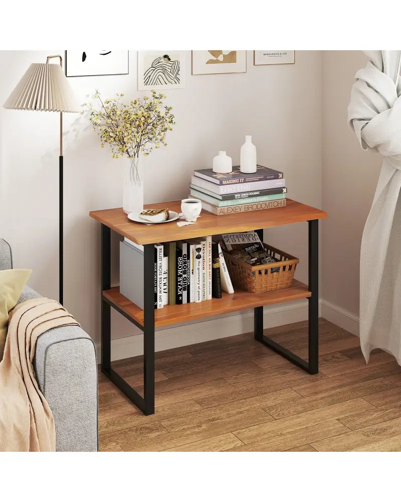 2-Tier Teak Wood End Table Sofa Side for Living Room Hallway Laundry - End & Side Tables