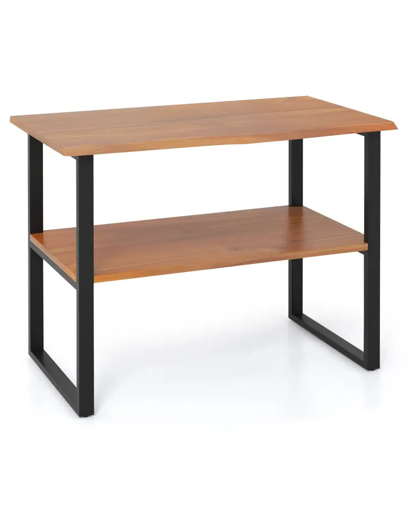 2-Tier Teak Wood End Table Sofa Side for Living Room Hallway Laundry - End & Side Tables