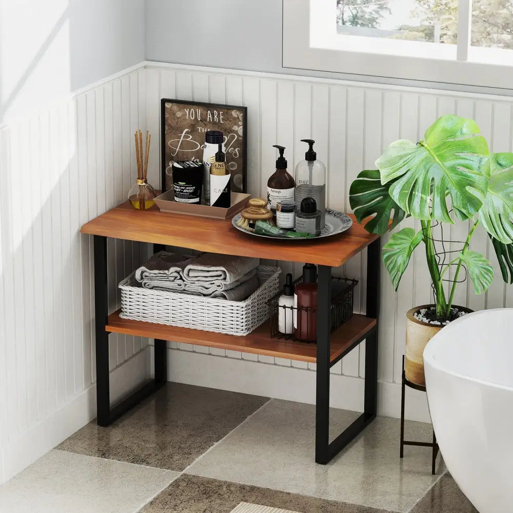 2-Tier Teak Wood End Table Sofa Side for Living Room Hallway Laundry Costway