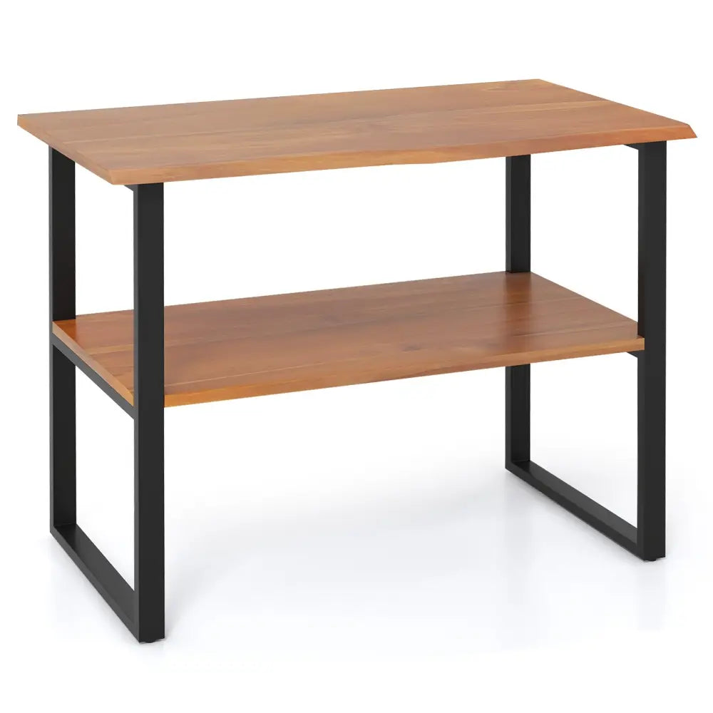 2-Tier Teak Wood End Table Sofa Side for Living Room Hallway Laundry Costway