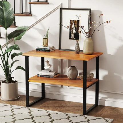 2-Tier Teak Wood End Table Sofa Side for Living Room Hallway Laundry Costway