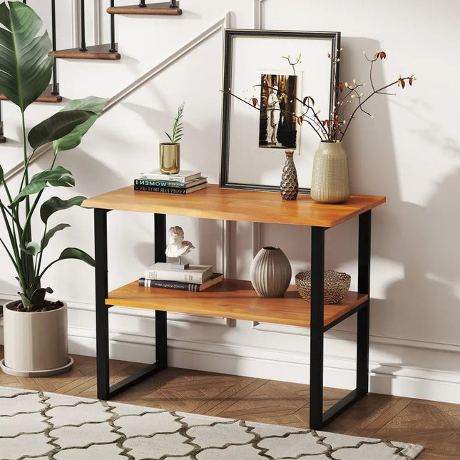 2-Tier Teak Wood End Table Sofa Side for Living Room Hallway Laundry Costway
