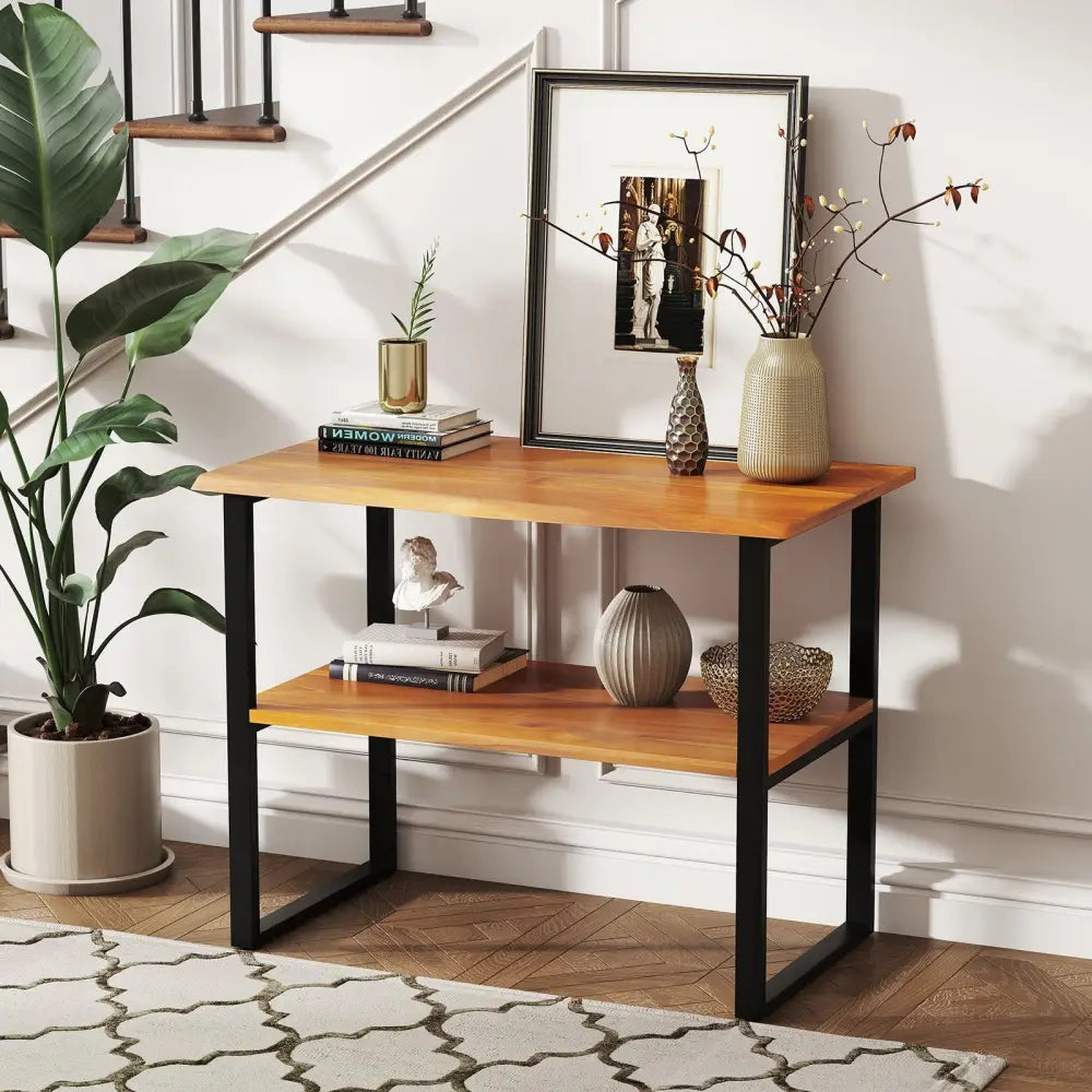2-Tier Teak Wood End Table Sofa Side for Living Room Hallway Laundry Costway