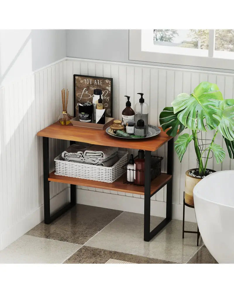 2-Tier Teak Wood End Table Sofa Side for Living Room Hallway Laundry - End & Side Tables