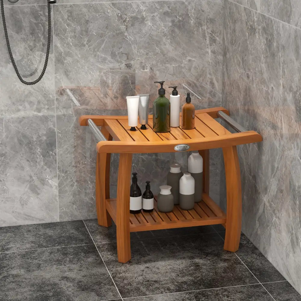 2-Tier Teak Wood Shower Bench Shower Stool with Curved Seat and Handles - Natural - Bath Safety