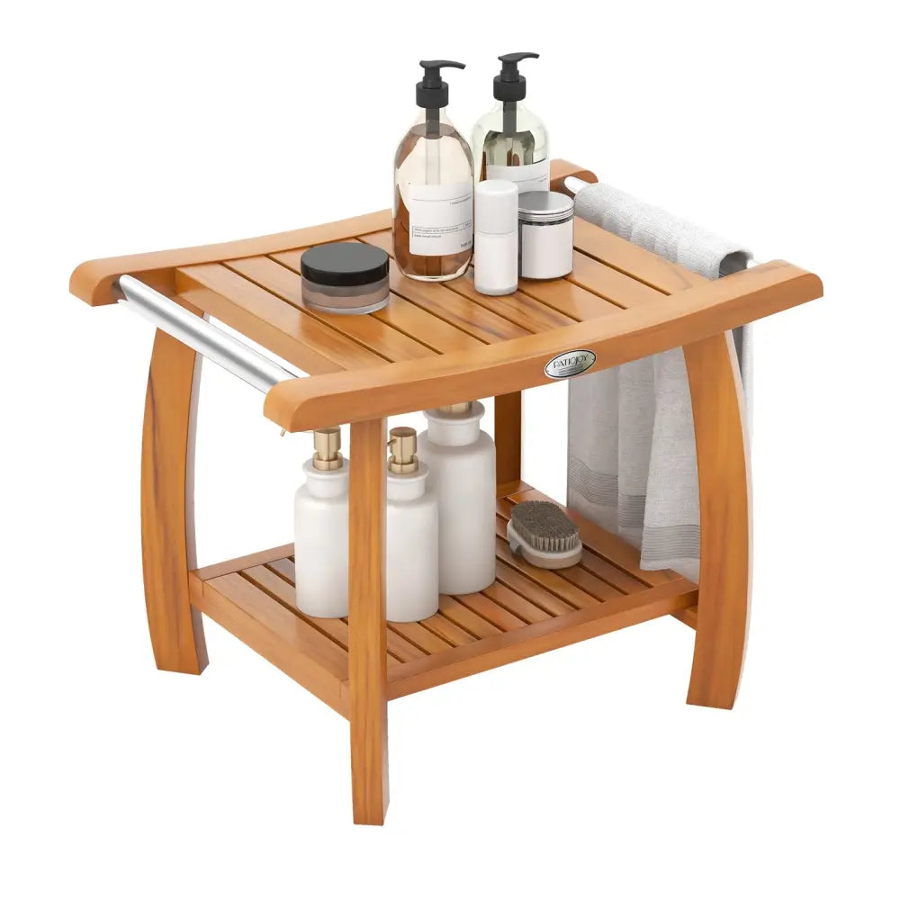 2-Tier Teak Wood Shower Bench Shower Stool with Curved Seat and Handles - Natural - Bath Safety