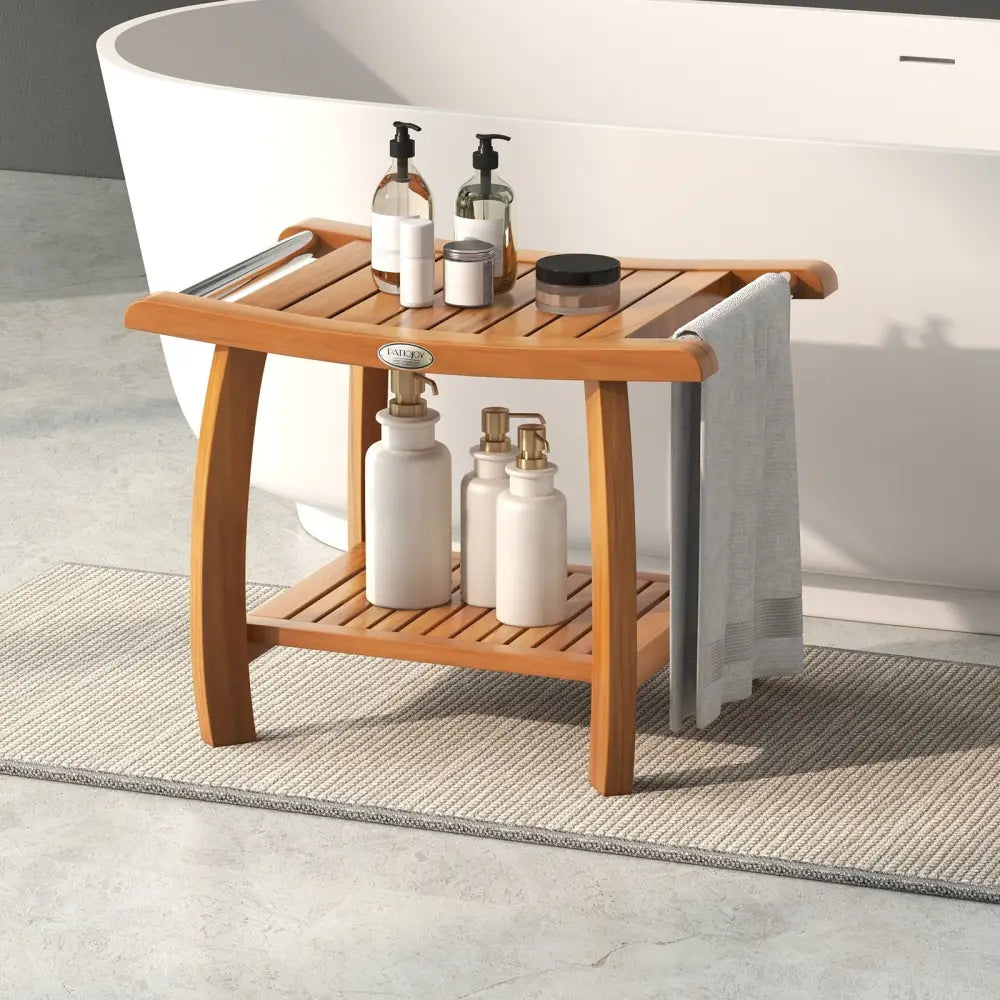 2-Tier Teak Wood Shower Bench Shower Stool with Curved Seat and Handles - Natural - Bath Safety