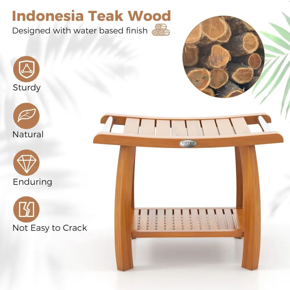 2-Tier Teak Wood Shower Bench Shower Stool with Curved Seat and Handles - Natural - Bath Safety
