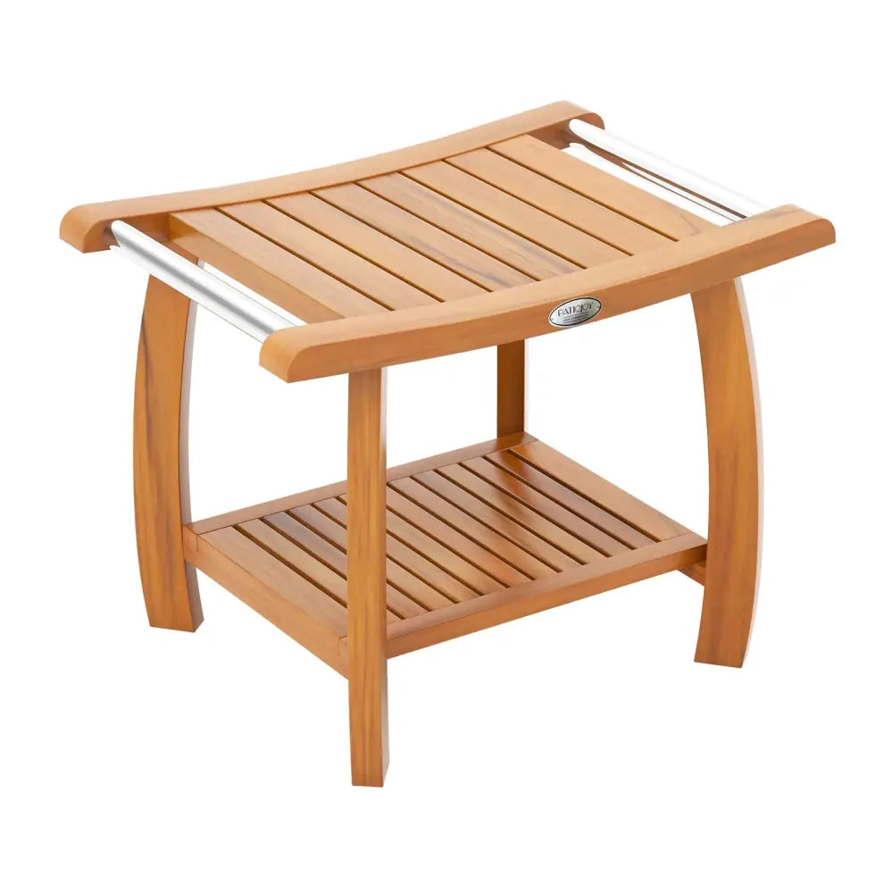 2-Tier Teak Wood Shower Bench Shower Stool with Curved Seat and Handles - Natural - Bath Safety