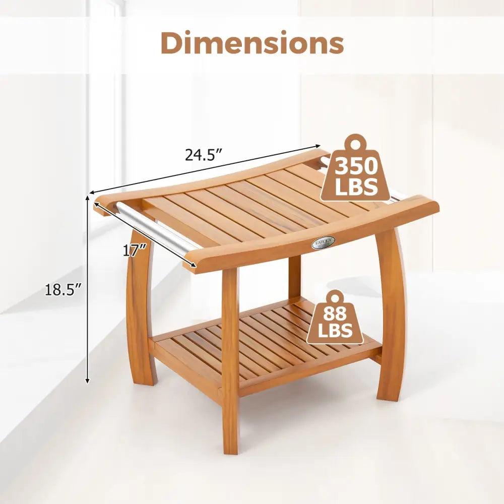 2-Tier Teak Wood Shower Bench Shower Stool with Curved Seat and Handles - Natural - Bath Safety