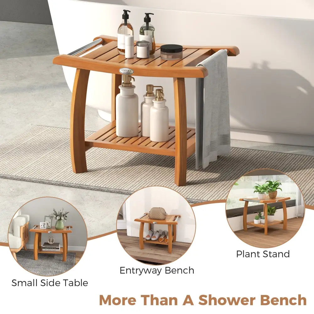 2-Tier Teak Wood Shower Bench Shower Stool with Curved Seat and Handles - Natural - Bath Safety